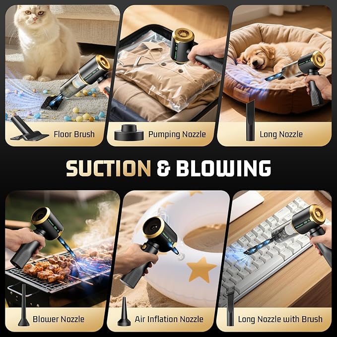Cordless Car Vacuum Cleaner: Handheld Vacuum with 𝟏𝟔𝟎𝟎𝟎𝐏𝐚 Strong Suction, 𝐁𝐫𝐮𝐬𝐡𝐥𝐞𝐬𝐬 𝐌𝐨𝐭𝐨𝐫 & HEPA Filter, 𝟕-𝐢𝐧-𝟏 Cleaning Kit, Type-C Charging for Home Office Car - Black