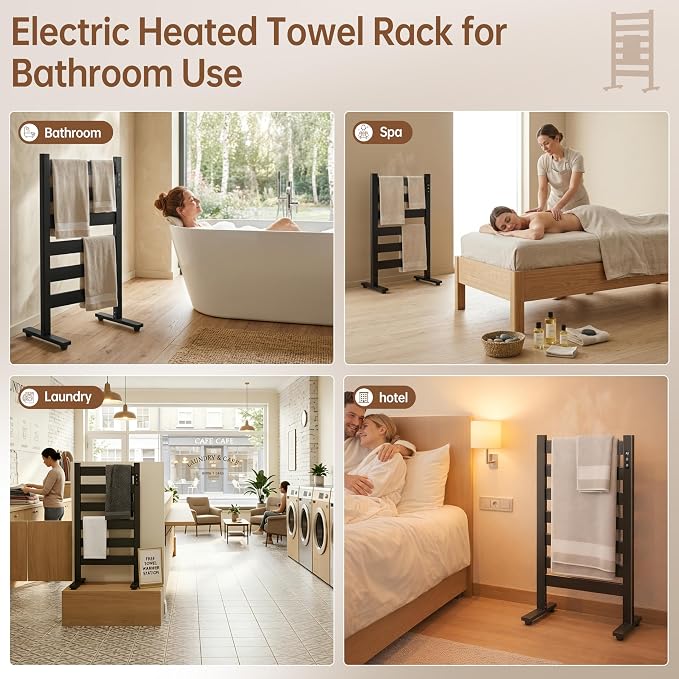 Heated Towel Rack – Rapid PTC Heating, LED Timer Control, High Temp & Large Capacity – 6 Bars Premium Freestanding Bathroom Towel Warmer,Matte Black