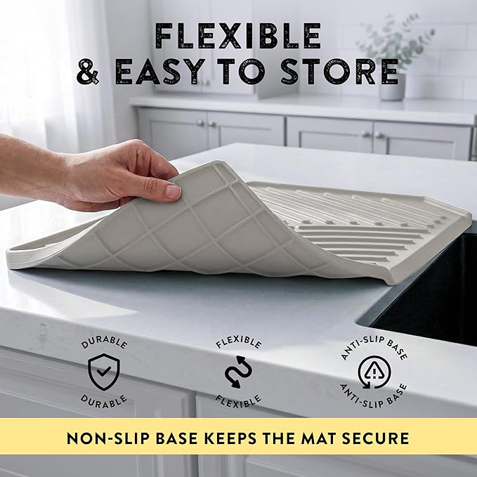 Silicone Dish Drying Mat with Drain, Self-Draining, Heat Resistant & Non-Slip Kitchen Counter Mat, Easy to Clean, Reusable, 19.3'' x 13'', Greige