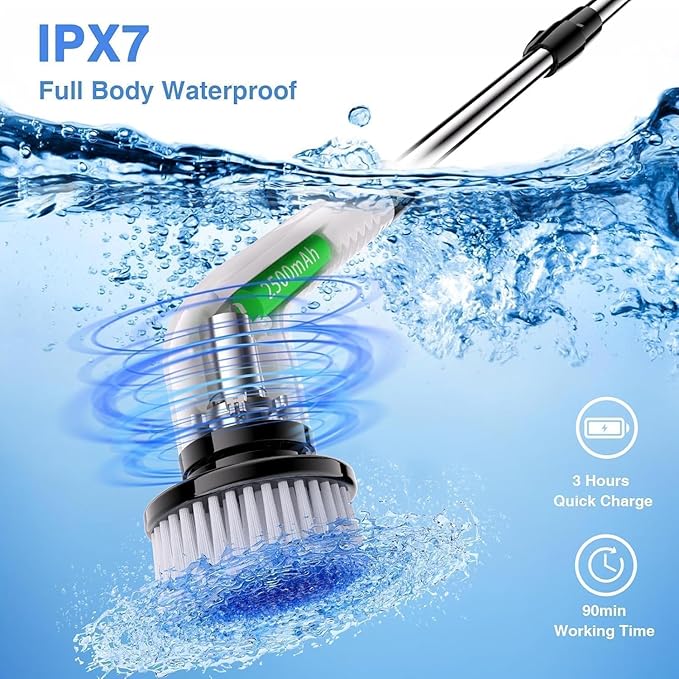 7-in-1 Electric Spin Scrubber, 25W Powerful Cordless Cleaning Brush with Adjustable Handle & 7 Replaceable Heads for Bathroom, Floor, Tile, Kitchen & Car