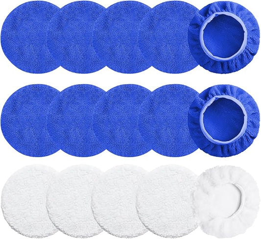15 Pack Car Polishing Pads, Mix Car Polishing Bonnet Buffing Pads, 10*Microfiber+5*Woollen Car Polisher Buffer Pads, 5" - 6" Car Buffer Pads for Car, Glass,Instruments, Cameras, Furniture, Metal, Wood