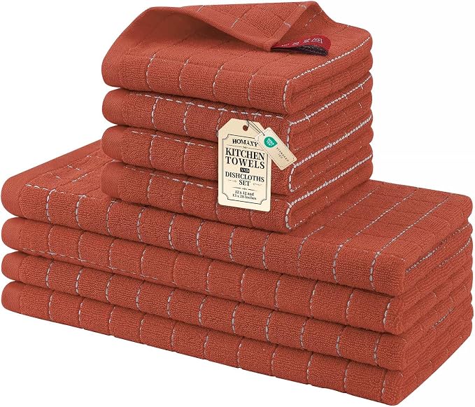 Homaxy Kitchen Towels and Dishcloths Set, 12 x 12 and 13 x 28 Inches, Set of 8 Bulk Cotton Terry Kitchen Towels Set, Checkered Designed, Soft and Super Absorbent Dish Towels, Rust