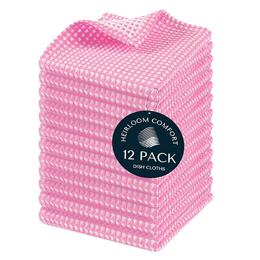 12 Pack Dual Tone Waffle Weave Dish Cloth, 12"x12", 100% Cotton, Absorbent, Fast Dry, Soft for Cleaning, Durable Dishcloth Set, Machine Washable, Hand Dish Towels, Baby Pink