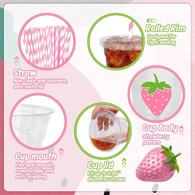 Whaline 50Pcs Strawberry Disposable Plastic Cups with Lids and Straws 12 Oz Pink Summer Fruit Cold Beverage Drinking Cups for Sweet One First Birthday Party Supplies Table Decor