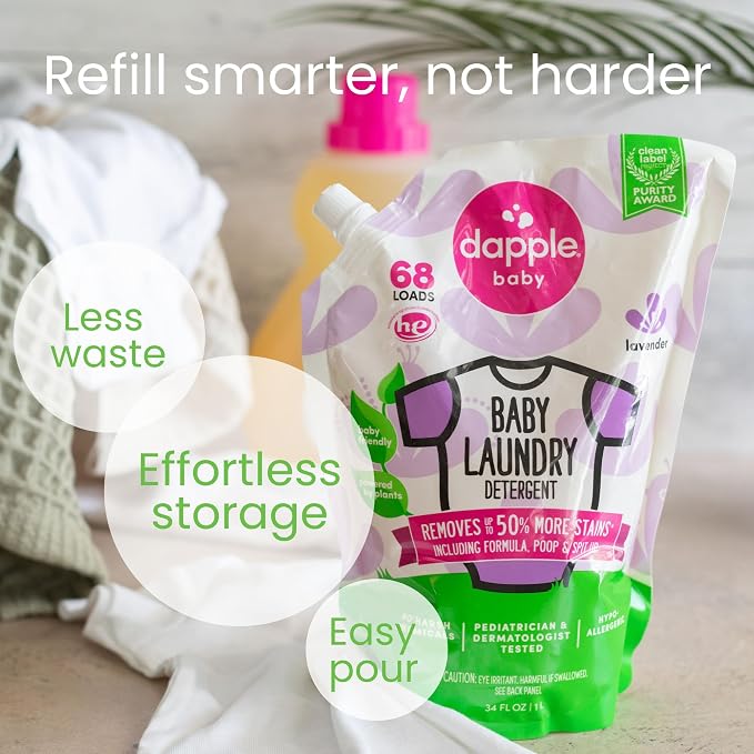 Dapple Baby Laundry Detergent, Powered by Plants, Concentrated, Hypoallergenic, Sweet Lavender, Eco-Friendly Pouch, Stain Remover, 34 Fl Oz (2 Pack)