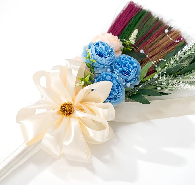 Elegant Wedding Brooms Bride Bridegroom, Jumping The Broom for Wedding, Natural Whisk Broom with Ribbons, Artificial Pearl, Leaves,Roses for Decorative