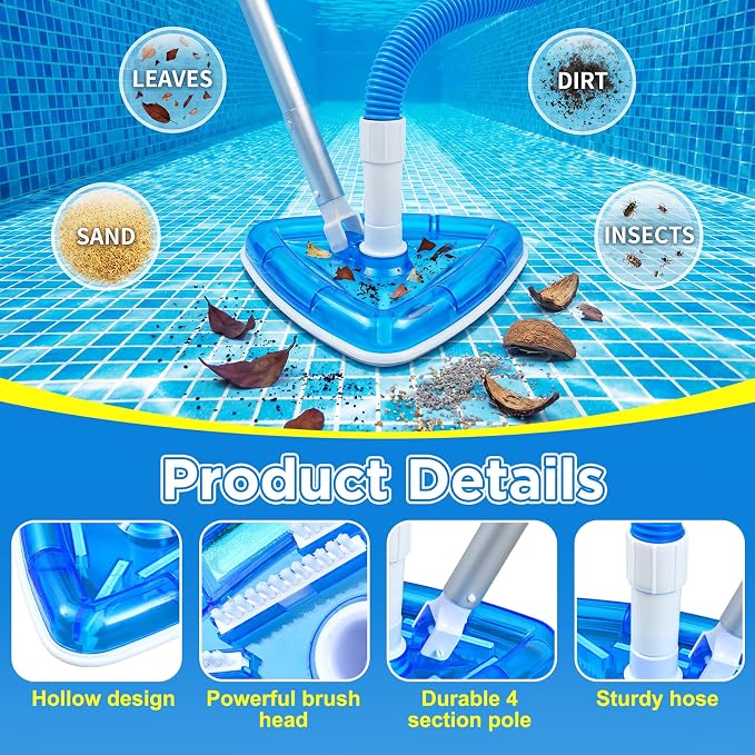 Qinyoung 3 Pcs Swimming Pond Cleaning Kit, 1-1/4 Inch x 18 ft Pool Vacuum Hose with Swivel Cuff Triangular Weighted Pool Vacuum Head Connect 1-1/4" or 1-1/2" Hose and 4 ft 4-Section Telescopic Pole