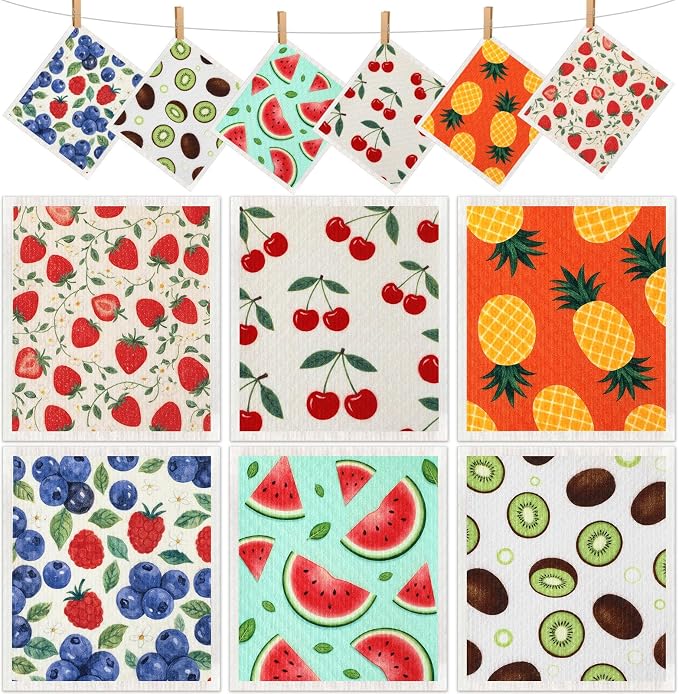 Mifoci 12 Pcs Fruit Swedish Kitchen Dishcloths 7 x 8 Inch Reusable Vintage Fruit Dish Towels Absorbent Cotton Cleaning Cloths for Kitchen Cleaning Wipes Housewarming