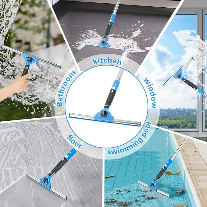 75" Window Squeegee Cleaner Kit with Extension Pole, 360° Rotating Streak-Free Glass Cleaner for High Windows, Shower Doors & Solar Panels – Professional All-in-One Window Cleaning Tools Set