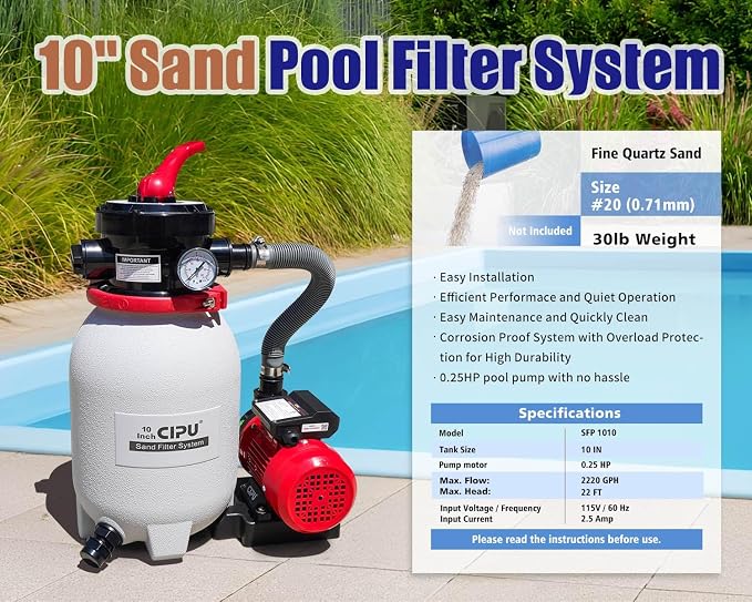 CIPU 10-inch Sand Filter Pump System Handy 4-Way Valve for Above Ground Pools with 0.25HP Pool Pump 115V 6-Foot Cord to Easy Installation