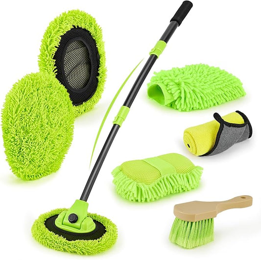 Car Wash Brush Kit with 15° Curved Long Handle, Car Cleaning Kit with 2 Replaceable Car Washing Mop, Wash Sponge, Mitt, Towel, Tire Brush, Cleaning Tools for Cars RV SUV Truck (Green)