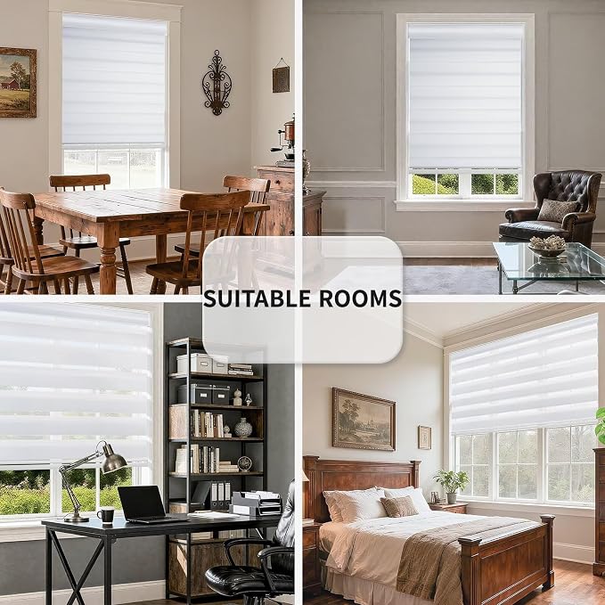 MYshade Cordless Zebra Blinds with Free-Stop Function - Dual Layer Light Filtering & Privacy Sheer Shades for Day and Night - Easy Install Window Shades for Home, Living Room, 32" W x 72" H,White