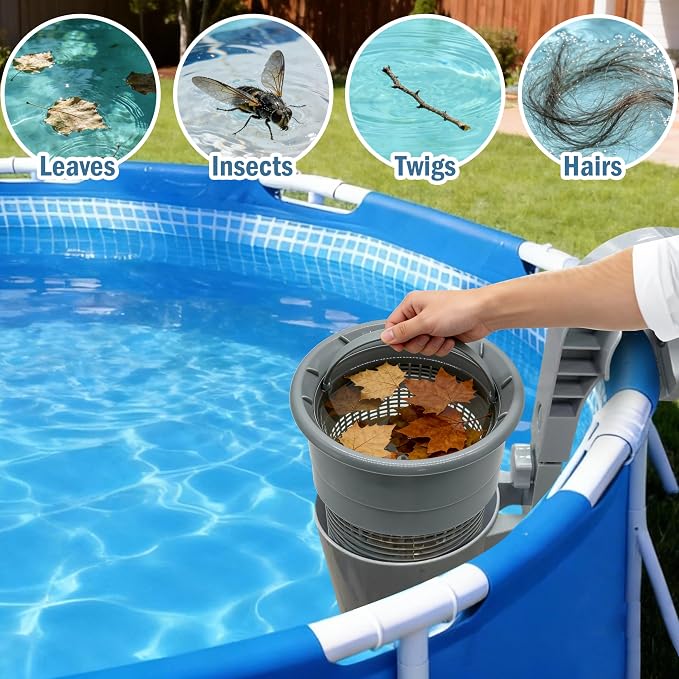 Above Ground Pool Skimmer, Wall Mount Surface Skimmer for Tubular & Inflatable Pools, Adjustable Brackets, Upgraded ABS Float-Resistant Lid, Pool Debris Filter