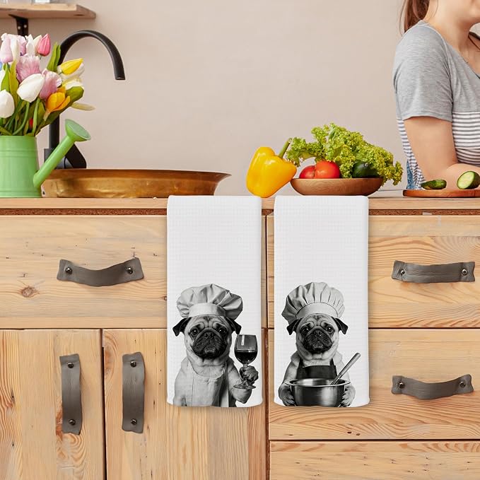 Funny Chef Pug Kitchen Towels Set of 2, Pug Dog Gifts for Women Dish Tea Towels for Kitchen, Dog Mom Lovers Owner Gifts Decorative Hand Towel, 16x24 Inch