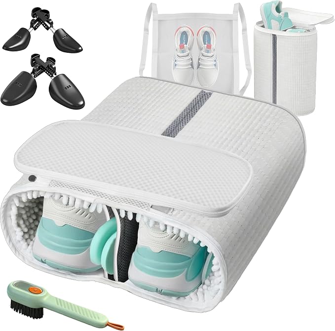 Upgraded Dual Compartment Design Shoe Bag for Washing Machine with Adjustable Shoes Trees& Sneaker Dryer Bag, 420g Heavy-Duty Shoe Washing Machine Bag, Clasp-Lock Zipper for Maximum Protection