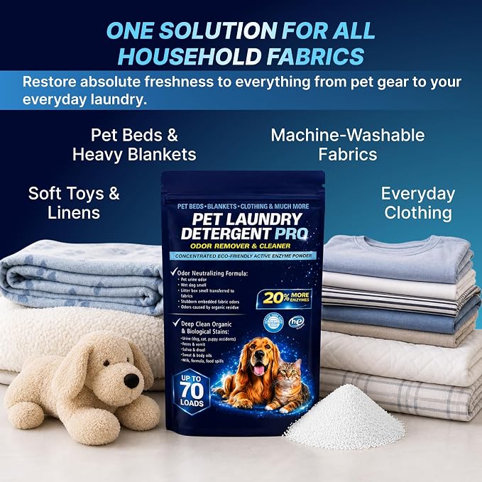 Pet Laundry Detergent Pro Enzyme Odor Remover - Deep Clean of Stubborn Stains - Urine (Dog, Cat, Puppy Accidents), Feces & Vomit, Saliva & Drool, Sweat & Body Oils, Food Spills - HE Support - 70 Loads