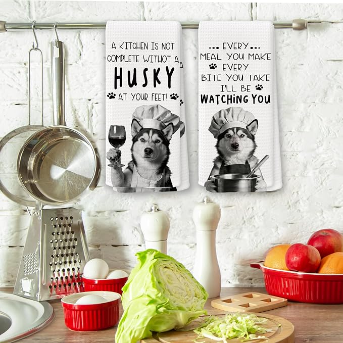 Funny Husky Dog Kitchen Towels 16x24 Inch Set of 2 | Husky Lovers Gifts for Women Men Dish Tea Towels for Kitchen, Dog Lover Mom Dad Owner Gifts Decorative Hand Towel