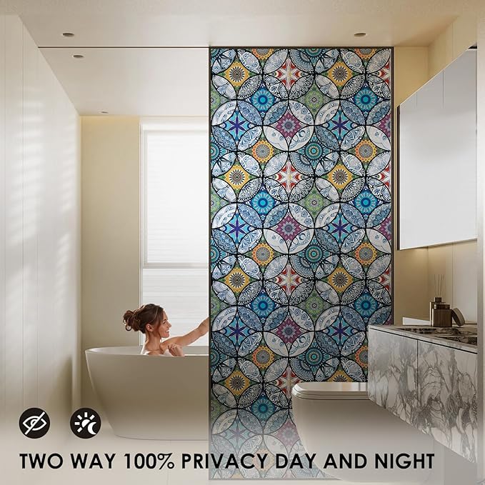 DKTIE Static Cling Decorative Window Film with Installation Tools Non Adhesive Privacy Film Stained Glass Window Film for Bathroom Shower Door Heat Cotrol Anti UV 17.7 x 78.7 Inch