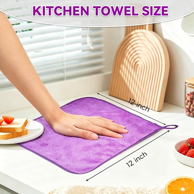Microfiber Cleaning Cloth 6 Pack, Ultra Soft Absorbent Lint Free Reusable Kitchen Towels with Hanging Loop, 12x12 Inch Purple Dish Towels for Kitchen, Car & Household