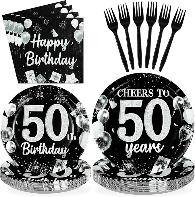 96Pcs 50th Black and Silver Birthday Party Supplies Cheers to 50 Years Party Plates and Napkins Disposable Happy 50th Birthday Tableware Set for Women Men 50 Years Old Decorations Serves 24