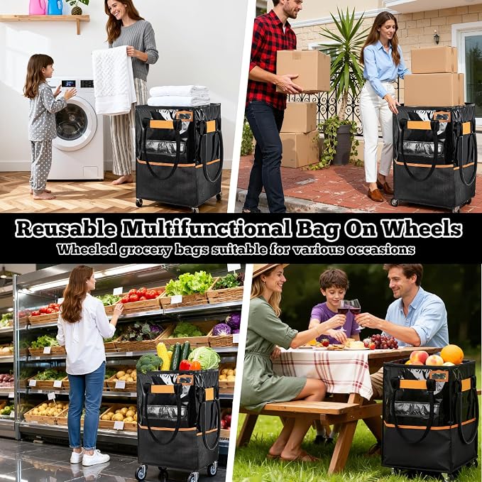 Reusable Grocery Bag on Wheels, 130L Large-Capacity Zippered Roller Tote, Carries Up to 90 LBS, Lightweight for Groceries, Laundry, Moving, Storage