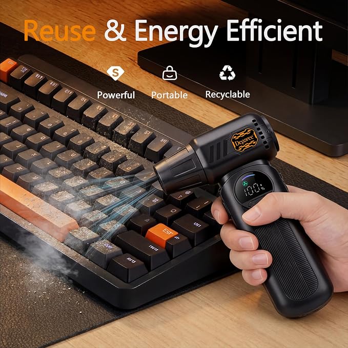 Compressed Air Duster,150000RPM Powerful Brushless Motor Electric Air Duster, Infinite Speed & Fast Charging, Rechargeable Cordless Air Blower with Vacuum Function for PC Keyboard, Car & Home – Black