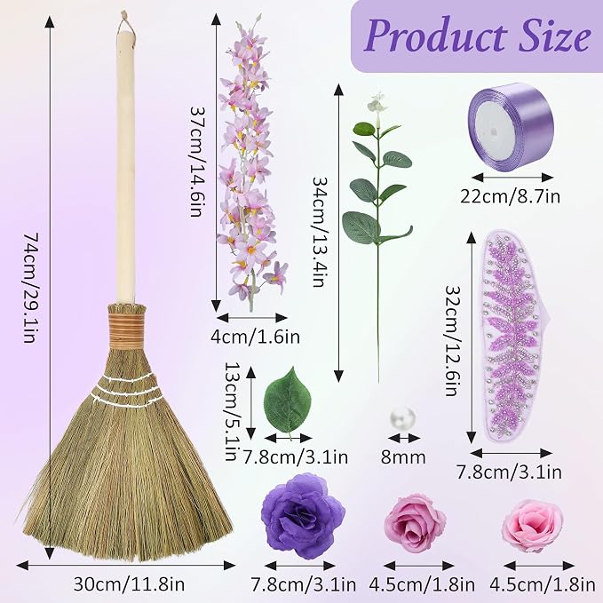 Wedding Brooms for Jumping Ceremony - TrinhGuo Purple Wedding Broom with Ribbons Pearls Artificial Flowers Leaves Mesh Embroidery, DIY Marriage Jumping Ceremony Set for African American