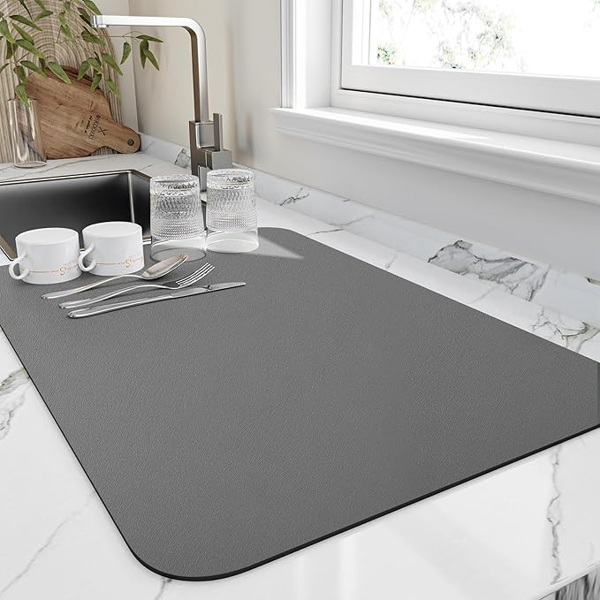 HotLive Dish Drying Mat for Kitchen Counter, Heat Resistant Drainer Mats with Non-slip Rubber Backed, Hide Stain Kitchen Super Absorbent Draining Mat, Easy to Clean Dish Rack Pad, Dark Grey 16"x20"