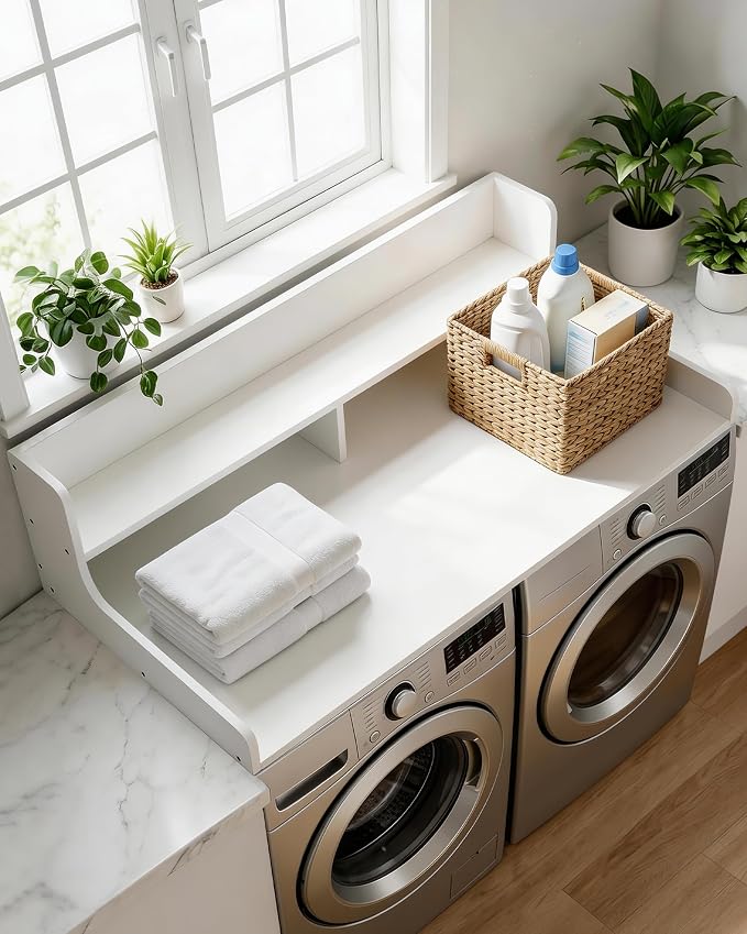 Takywep 2 Tiers Washer Dryer Countertop, 54" x 27.5" Washer Dryer Topper with Edge, Washer and Dryer Laundry Topper with Anti-Slip Pads & Anti-Vibration Mat, White