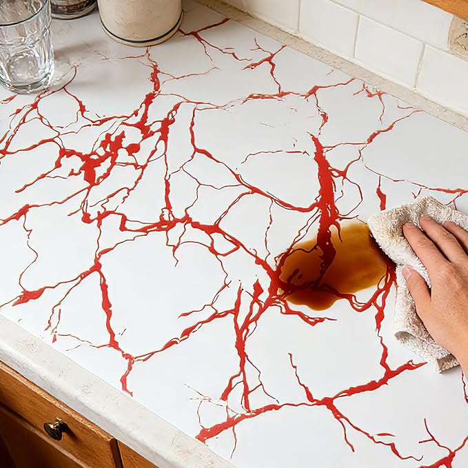 Red Marble Pattern Shelf Liner, Non-Adhesive Non-Slip Thickened Drawer Liner, Easy to Clean Contact Paper for Kitchen Cabinets, Tool Box, Refrigerator, Includes Knife & Tape Measure.12×236.22inch