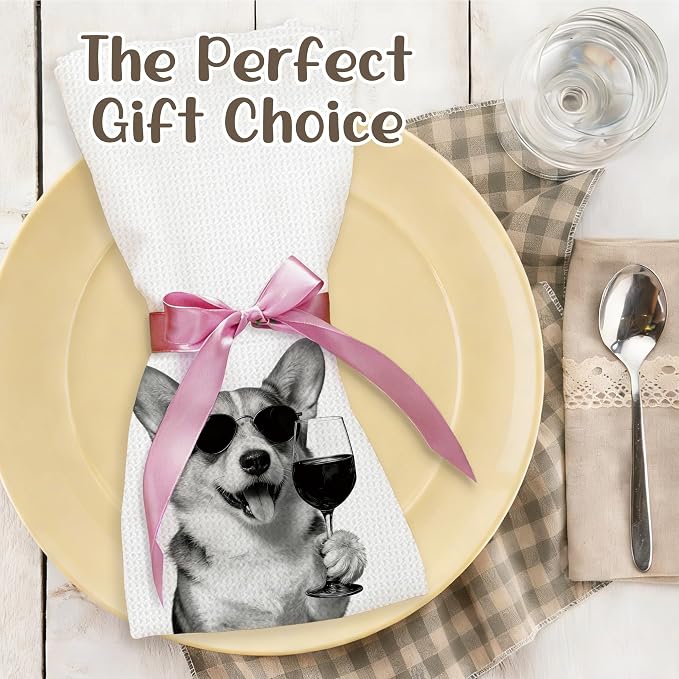 Funny Corgi Kitchen Towels Set of 2, Dog Kitchen Bar Accessories, Dog Chef Gifts for Women Decorative Hand Towels for Kitchen Decor, Corgi Lovers Dish Tea Towel, 16x24 Inch