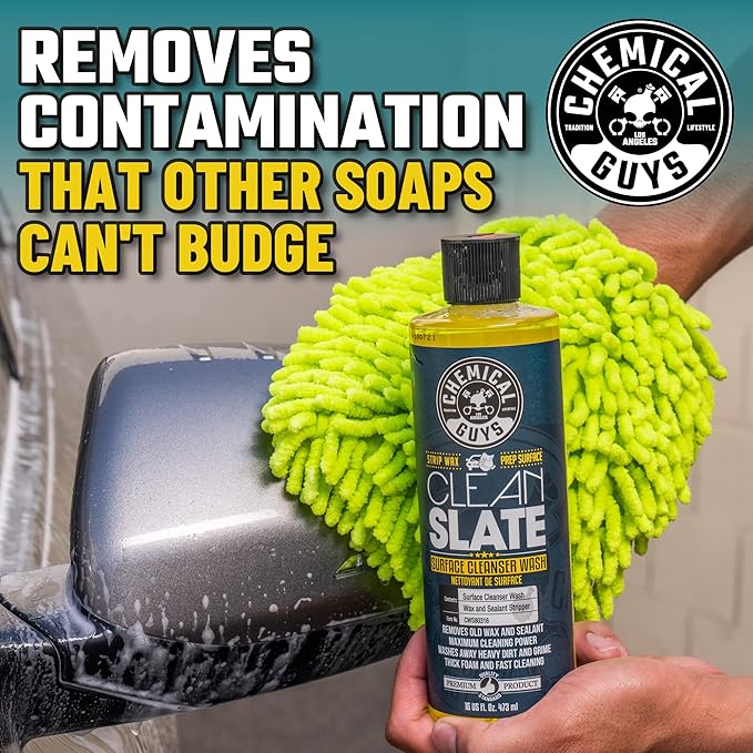 Chemical Guys CWS80316M Car Wash Starter Bundle - Clean Slate Deep Surface Cleaning Car Wash Soap, 16 oz, Citrus Scent + Green Chenille Wash Mitt (2 Items) Works on Cars, Trucks, SUVs, RVs & More