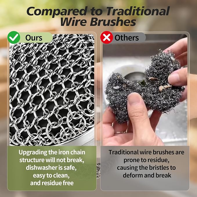 Cast Iron Scrubber and Scraper, 316 Chain Mail Scrubber for Cleaning Dishes, Stock Pots, Black, 1 Count ((Small&Large Chainmail,2pcs))