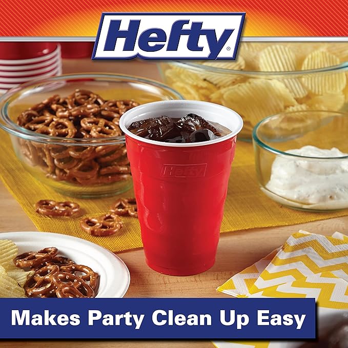 Hefty Party On Disposable Plastic Cups, Red, 18 Ounce, 8 packs of 25 Count