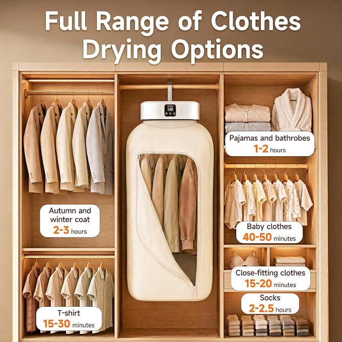 Portable Clothes Dryer, 600W Foldable Laundry Drying Machine with 8 Timer Settings, Compact Hanging Dryer with Overheat Protection, Quiet Garment Care for Apartment, Dorm, RV, Camping, Travel