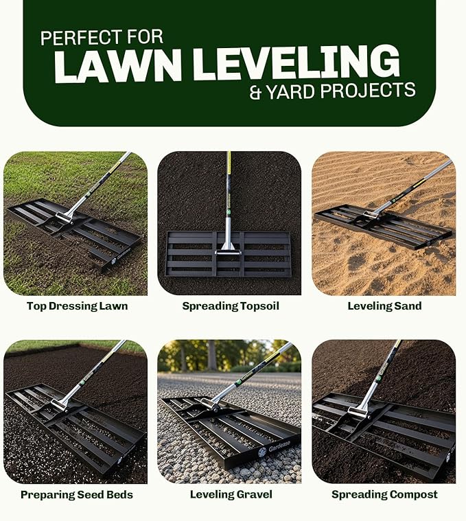 Gardease Lawn Leveling Rake 48 Inch x 10 Inch – Heavy Duty Lawn Leveler & Yard Leveling Rake – Steel Lawn Level Rake & Leveling Tool for Soil, Sand & Top Dressing