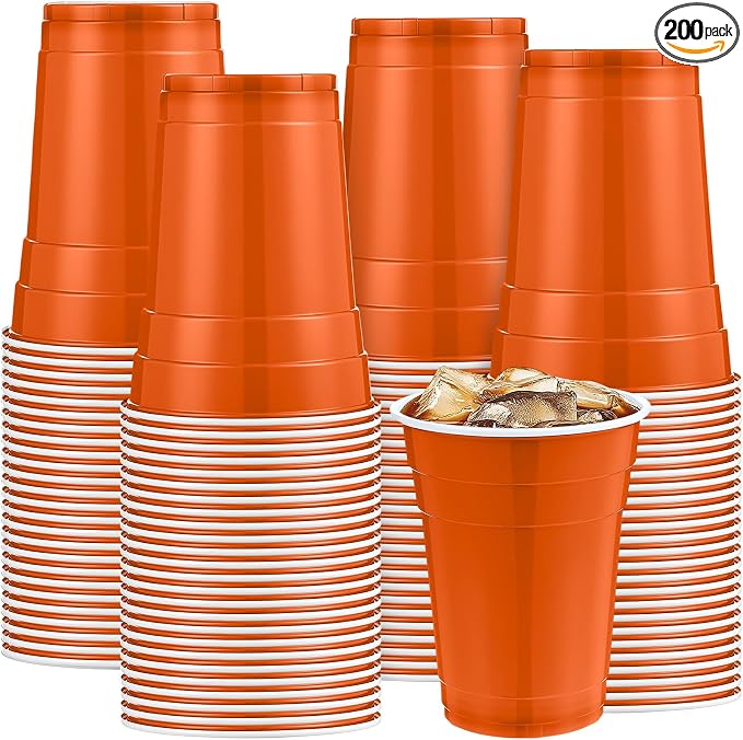 Mimorou Orange 200 Pack Plastic Cups 16 oz Disposable Cups for Party Wedding Halloween Stackable Beverage Drinking Tumbler Heavy Duty for BBQ Birthday Baby Shower