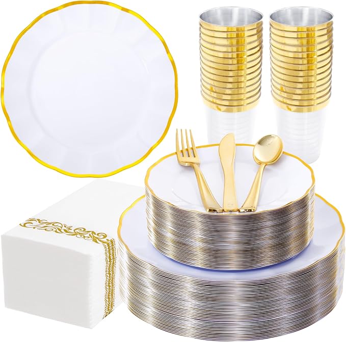 LIYH 350 Pcs White Plates for Wedding Reception Plastic Plates for Party 50 Guest 100 Disposable Plates 150 Gold Plastic Silverware 50 Gold Cups 50 Napkins Perfect for Wedding Birthday