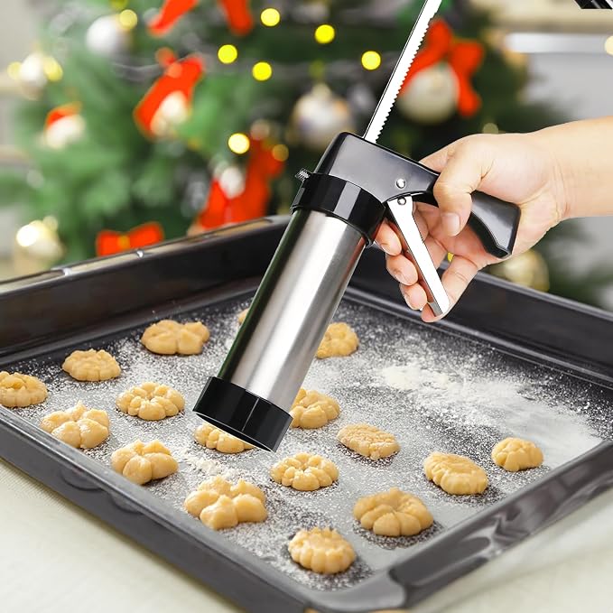 23-Piece Cookie Press Set,Cookie Press Gun Decorating Kit with 13 Stainless Steel Disksand 8 Piping Tips and Cleaning Brush,Holiday Baking and Everyday Treats, Essential Baking Supplies