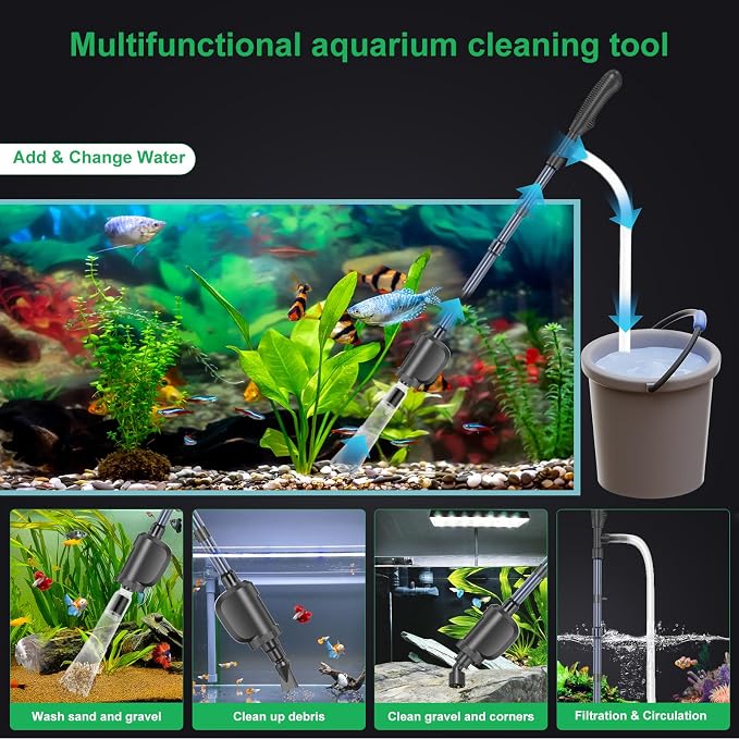 Electric Aquarium Gravel Cleaner,Strong Flow, Multifunctional Water Changer & Filter, Adjustable Silent Motor, Telescopic Tube for Low Water Level & All Tanks（36W,580GPH