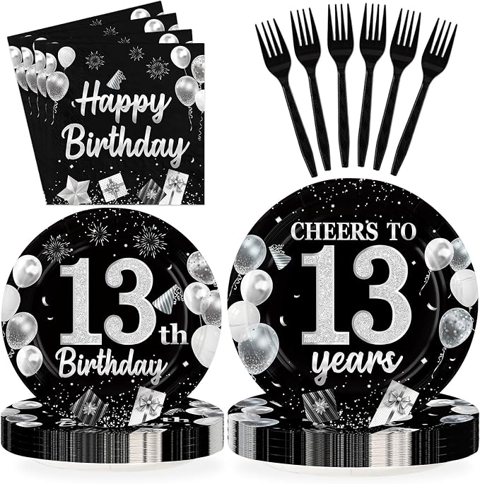 96Pcs 13th Black and Silver Birthday Party Supplies Cheers to 13 Years Plates and Napkins Disposable Happy 13th Birthday Tableware Set for 13 Years Old Graduation Party Serves 24