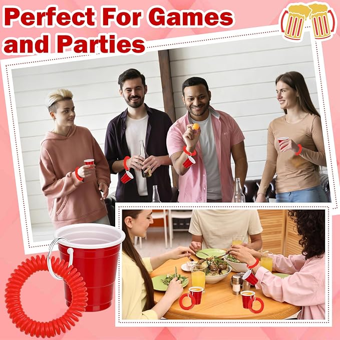 50 Pcs Red Shot Cups with Wristband for Party 2oz Plastic Shot Glasses Bulk Disposable Mini Shot Glasses with Bracelet Wear On Solo Cups for Valentine Carnivals Weddings Party Games Events Supplies