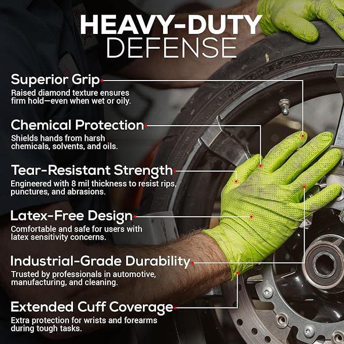 First Glove Heavy Duty Diamond Textured 8 Mil Thick Green Nitrile Gloves - Industrial Nitrile Gloves - Latex-Free