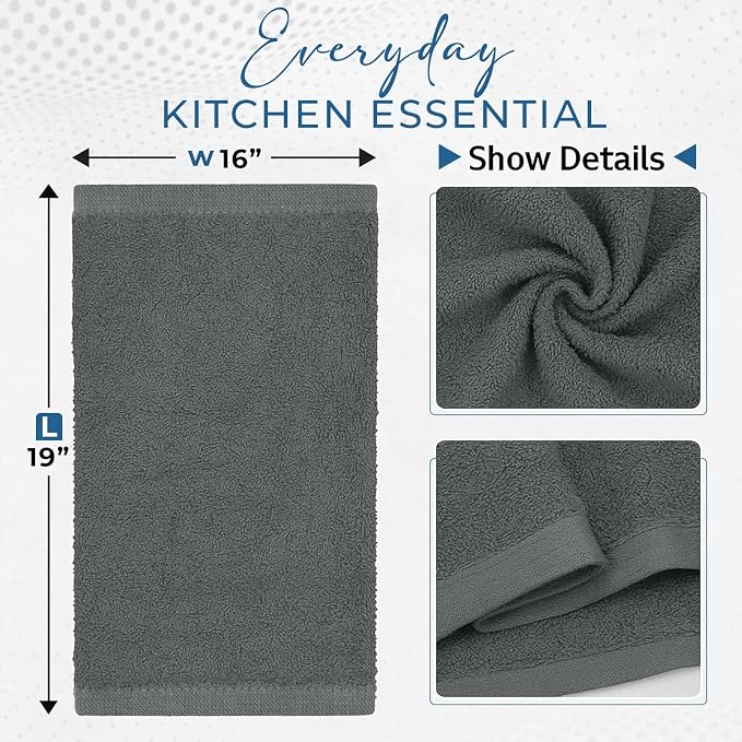 DAN RIVER Kitchen Bar Mops,Pack of 12,16 by 19 Inches,100% Cotton Super Absorbent,Multi-Purpose Cleaning Towels for Home and Kitchen Bars-Grey