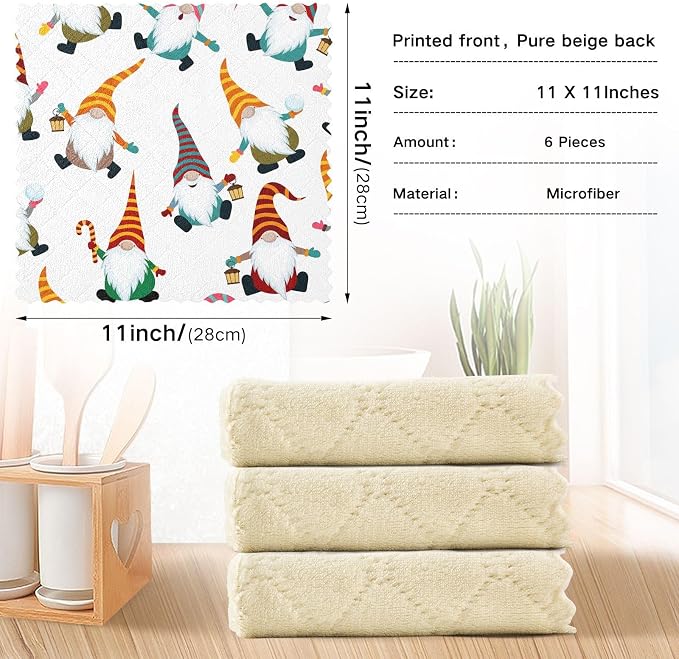 senya Christmas Kitchen Dishcloths, Christmas Gnomes Seamless Cloth Dish Towels 6 Pack Super Absorbent Dishtowels Reusable Cleaning Cloths