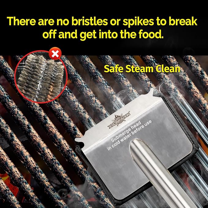 Bristle-Free Grill Brush – Upgraded Aramid Fiber Wavy Pad. Safe for Cast Iron, Porcelain, Weber Gas & Charcoal Grills. Replaceable Head – Perfect for Outdoor Grill Cleaning.