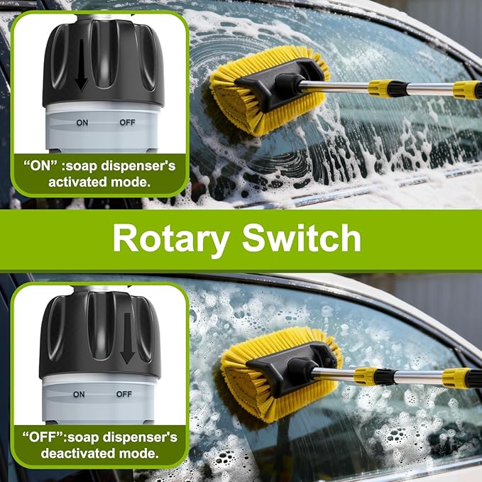 SISUPASSIE 12FT Car Wash Brush with Long Handle, Telescopic Car Wash Brush with Soap Dispenser, 12-Inch Soft Bristle Car Cleaning Brush for Cleaning Car, RV, Truck, Boat, Solar Panels, Yellow