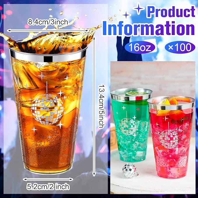Funtery Disco Ball Cups Bulk 16oz Disposable Disco Plastic Cups Supplies 70s 80s 90s Party Hot and Cold Drinks for Bachelorette Wedding Picnic Supplies(100 Pcs)