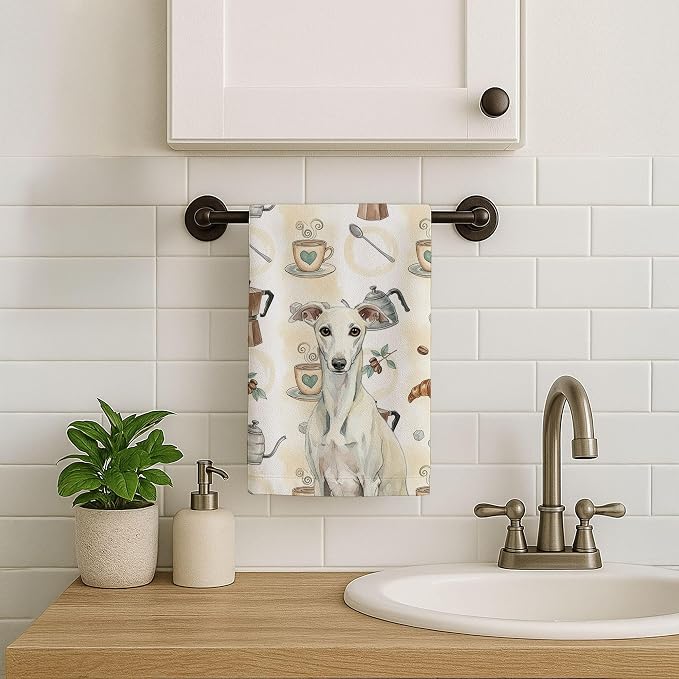 Caroline's Treasures White Whippet Coffee Bar Kitchen Towel Velour Plush Front and Cotton Loop Back Machine Washable