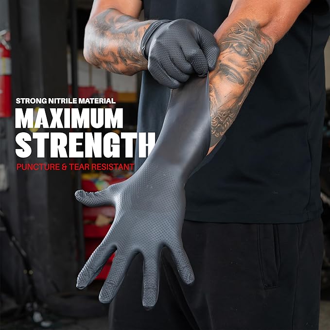 GRIPXX Herkules Grip Heavy Duty 8Mil Black Nitrile Gloves,3D Raised Diamond Texture-Latex & Powder-Free Industrial, Mechanic